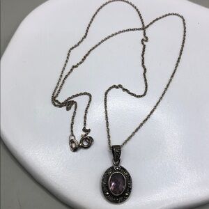 Sterling silver 925 amethyst oval gemstone w marcasite pendant chain necklace.